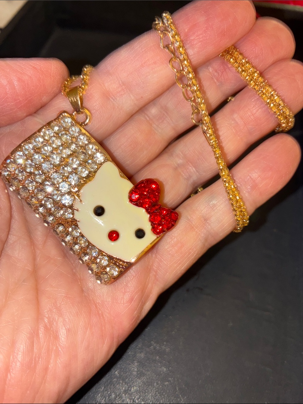 Gold Crystal Hello Kitty Pendant Necklace with Red Bow